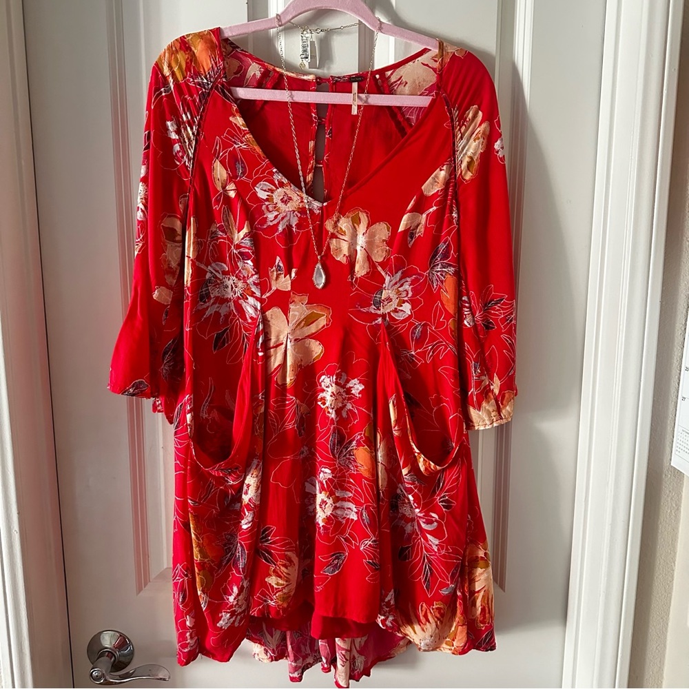 Free People Red Floral Vintage Long-Sleeve Mini Dress